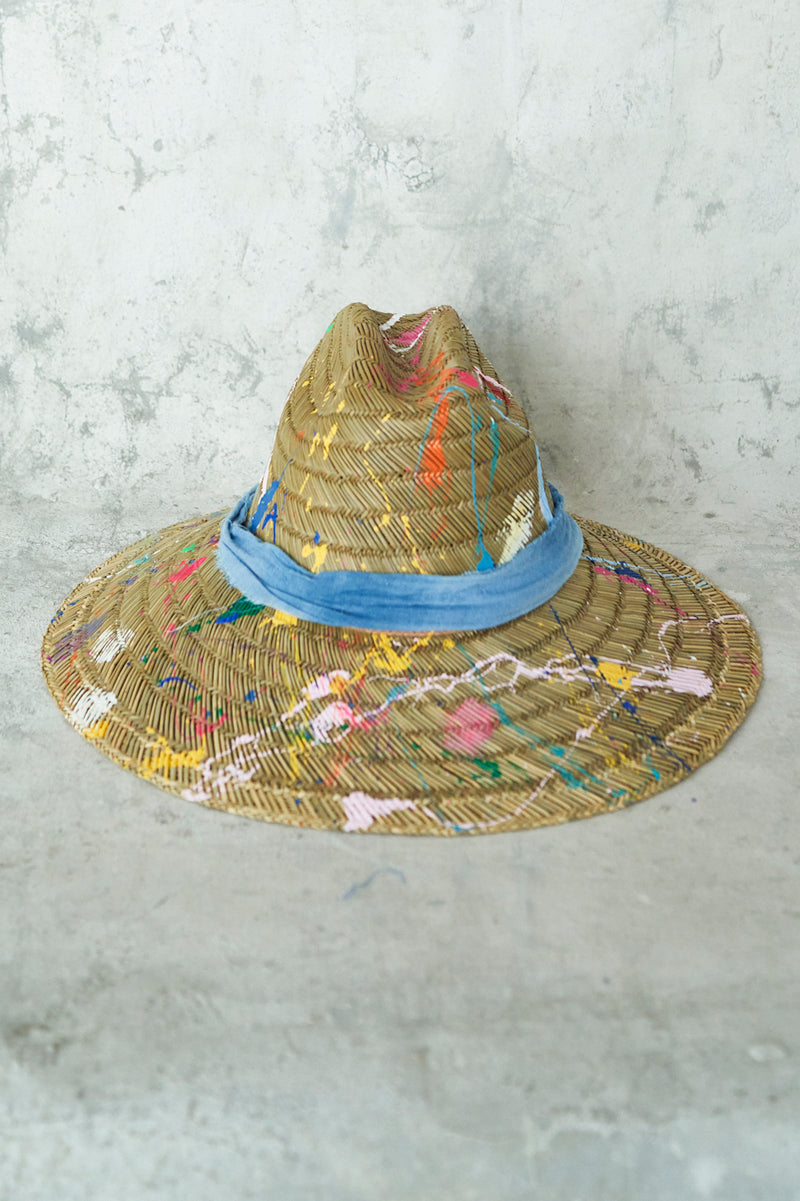 Wide Brimmed Woven Beach Hat with Paint Splatter