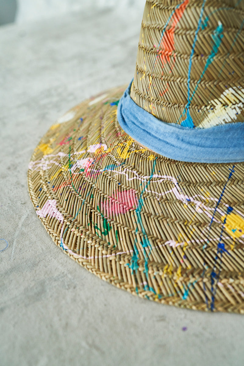 Wide Brimmed Woven Beach Hat with Paint Splatter