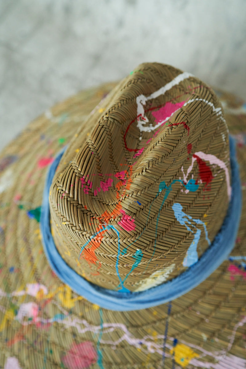 Wide Brimmed Woven Beach Hat with Paint Splatter